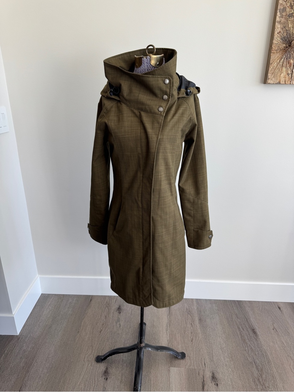 Olive Green Hooded Trench Coat with High Funnel Collar